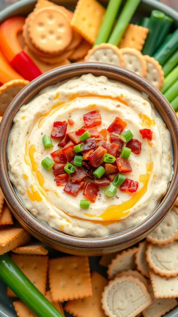 A bowl of Cheddar Bacon Ranch Crack Dip surrounded by crackers and fresh vegetables