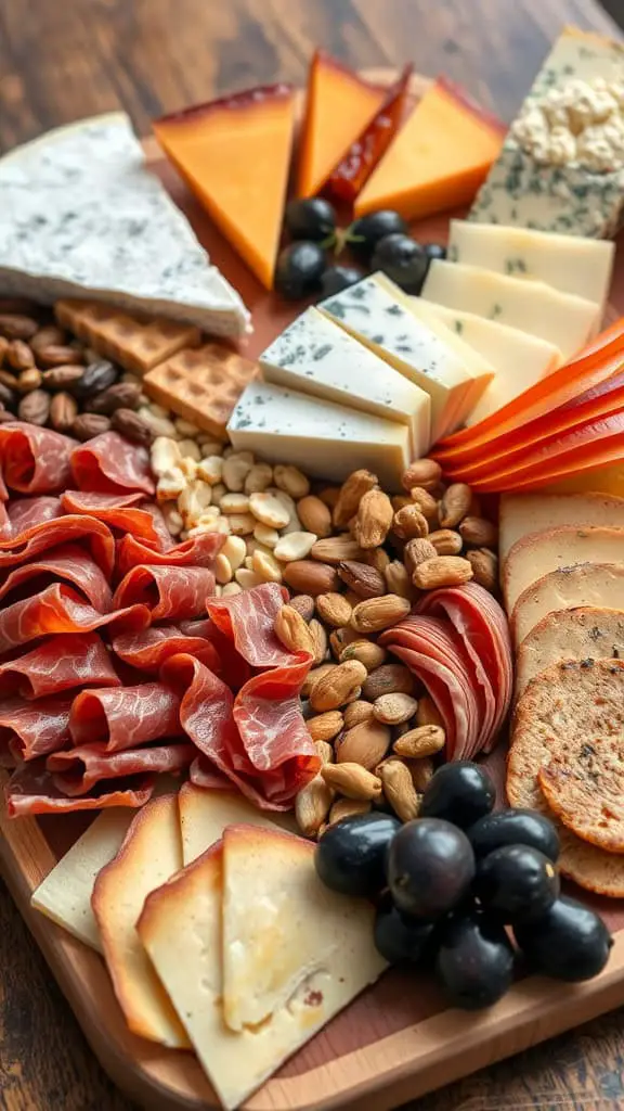 A beautifully arranged cheese and charcuterie board featuring various cheeses, cured meats, nuts, and grapes.