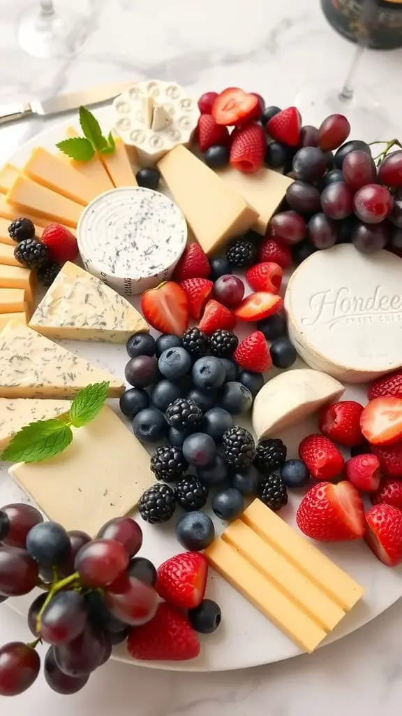 A colorful cheese and fruit board featuring various cheeses, strawberries, blueberries, blackberries, and grapes.