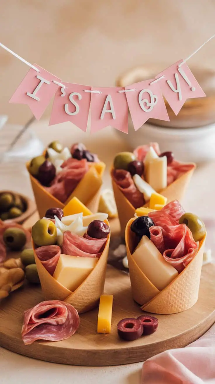 Mini cones filled with cheese and charcuterie on a wooden platter with a festive banner