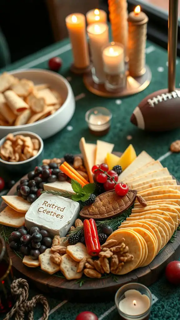 A beautifully arranged cheese and crackers platter with various cheeses, fruits, and decorations for a football-themed event.