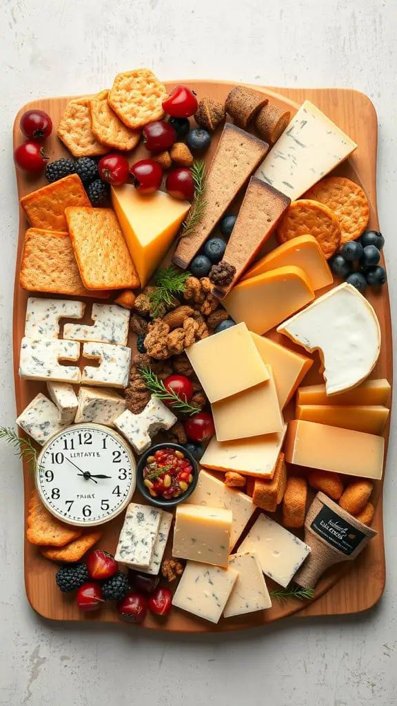 A beautifully arranged cheese board with various cheeses, crackers, fruits, and a small bowl of salsa.