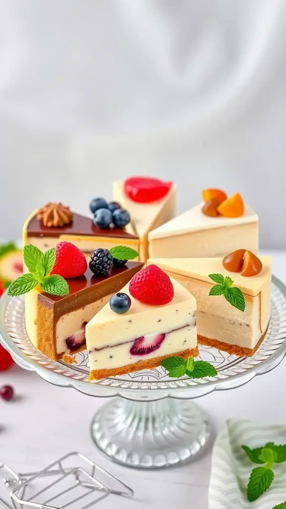 A beautiful assortment of cheesecake slices displayed on a glass cake stand, topped with fresh fruits and mint leaves.