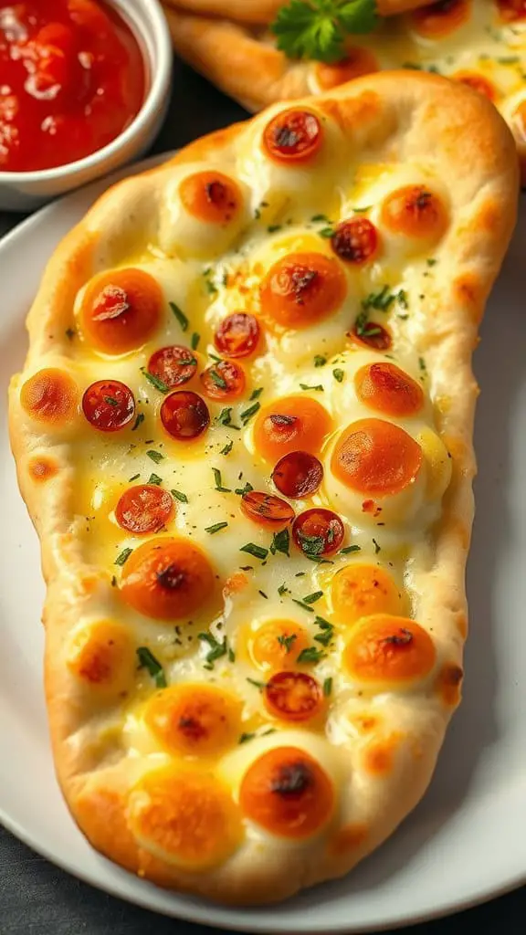 Cheesy naan bread topped with herbs alongside a dipping sauce