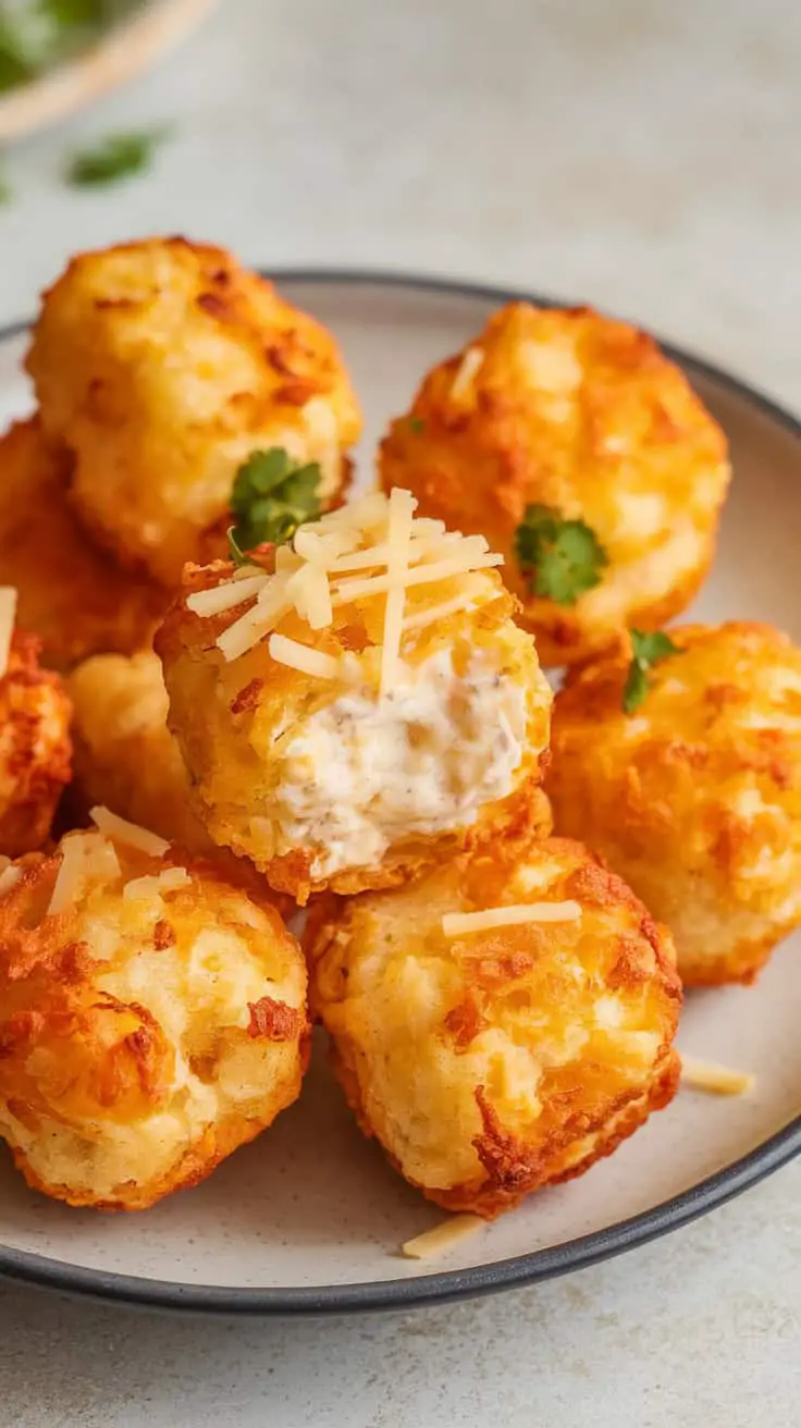 A plate of cheesy and crispy cottage cheese tots topped with shredded cheese and garnished with herbs