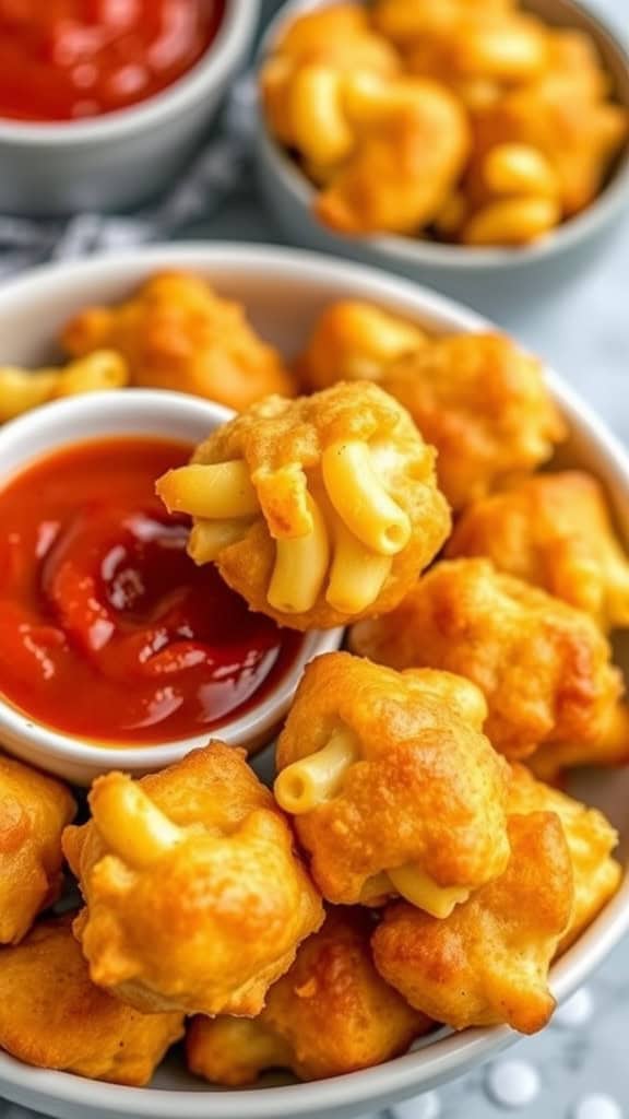 A bowl of golden, cheesy baked mac 'n' cheese bites served with ketchup.