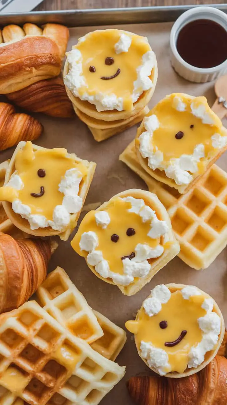 Cheesy breakfast bites with smiling faces made from waffles and cheese