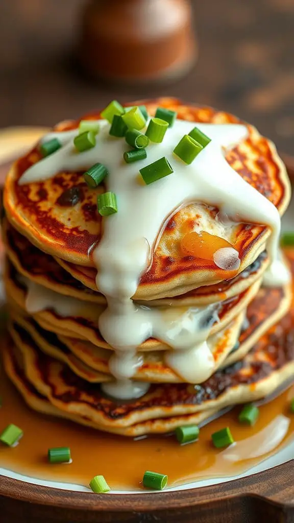 A stack of cheesy carnivore pancakes with melted cheese and chopped green onions on top.