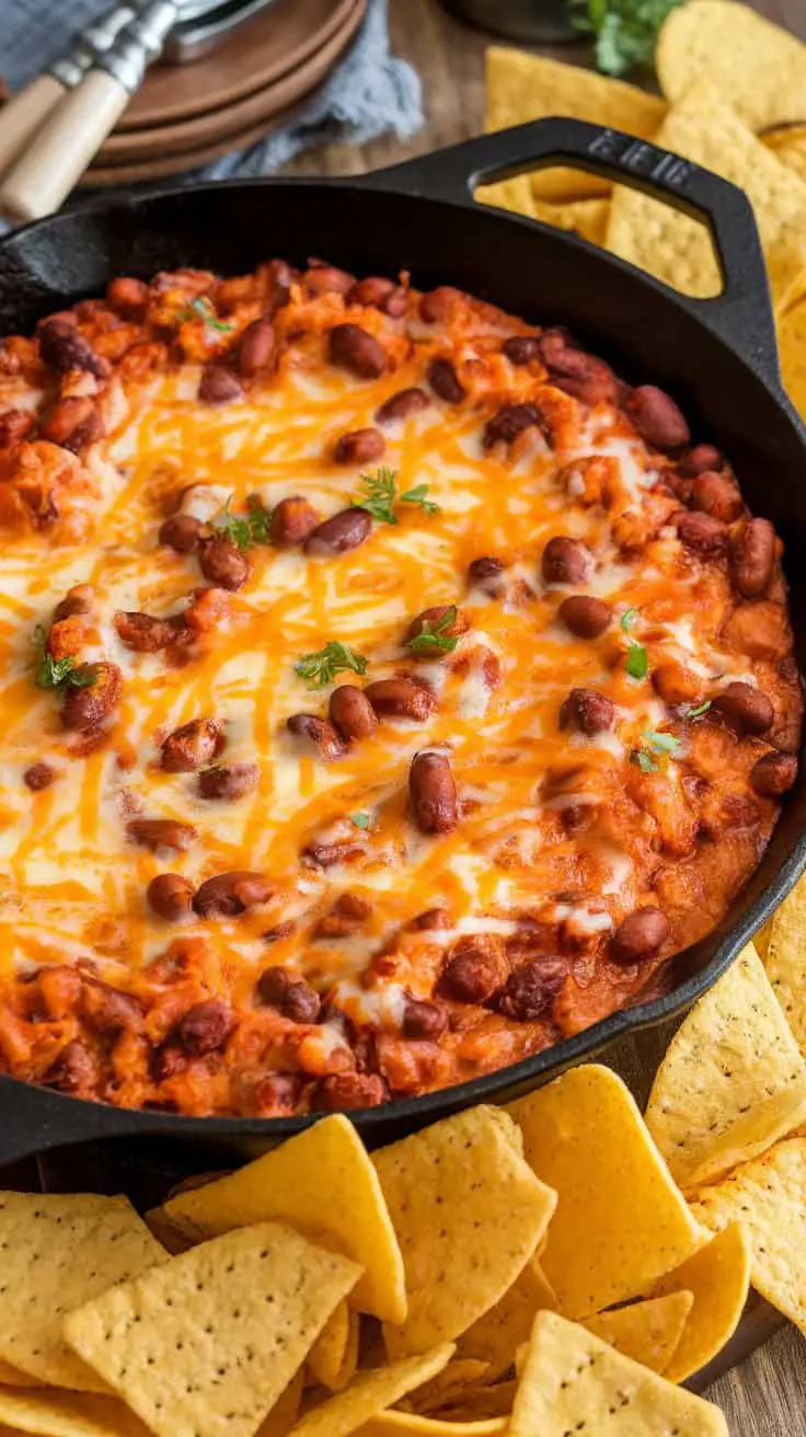 A warm cast iron skillet filled with cheesy chorizo bean dip, surrounded by tortilla chips.