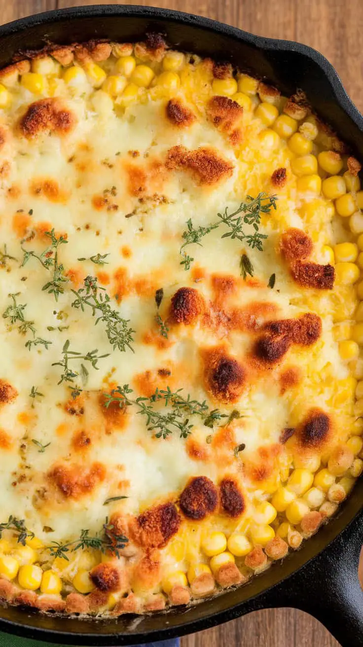 Cheesy Corn Casserole topped with herbs and baked to a golden brown.