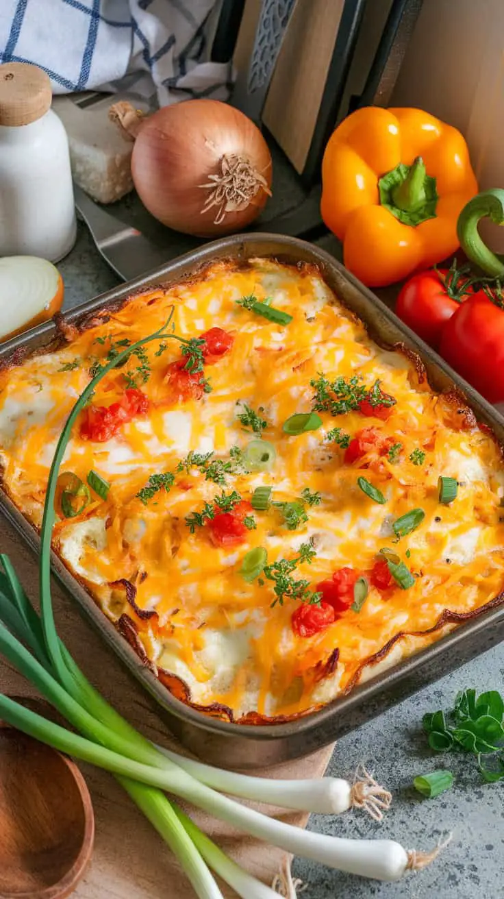 A cheesy egg bake topped with herbs and tomatoes, surrounded by fresh vegetables.