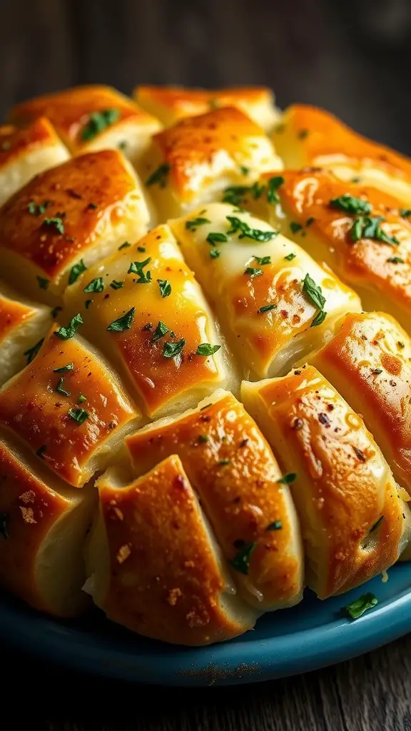 Golden-brown cheesy garlic pull-apart bread topped with parsley, ready to be served.