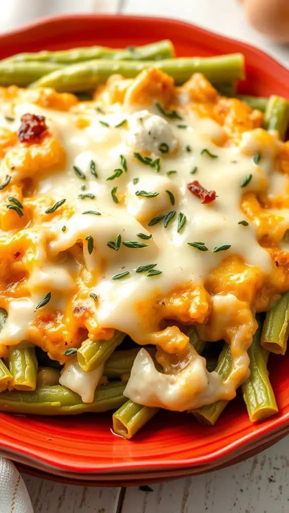 Cheesy green bean casserole served on a red plate with green beans and cheese topping.