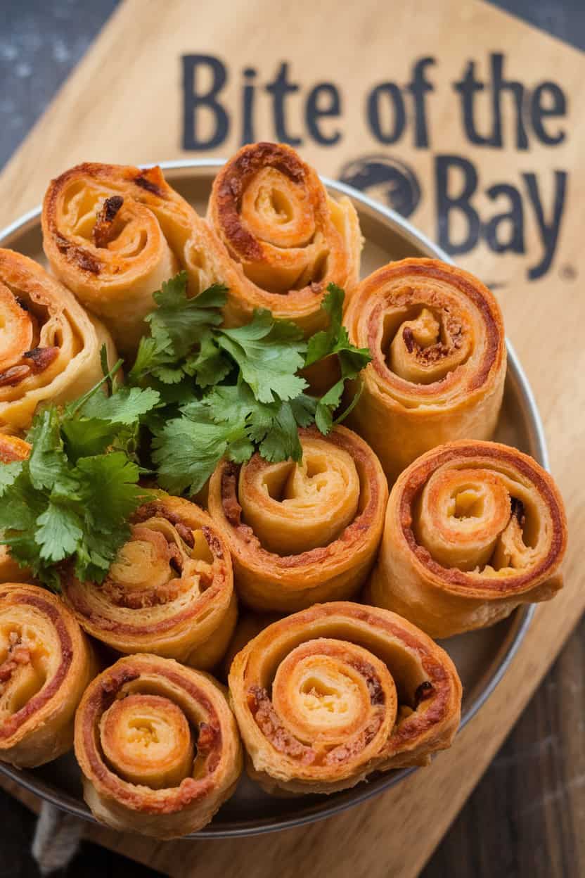 Plate of cheesy jalapeño and bacon puff pastry pinwheels garnished with cilantro