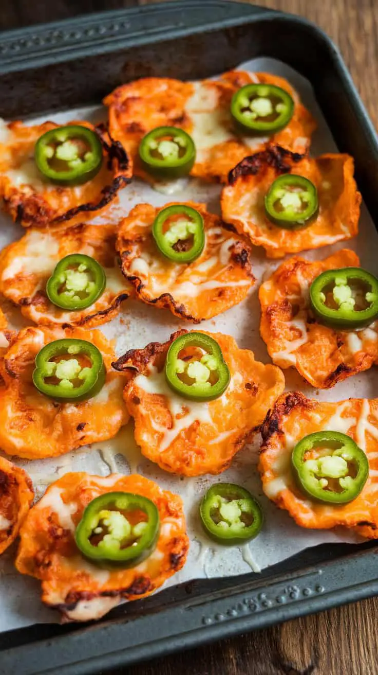 A tray of Cheesy Jalapeño Cottage Cheese Chips, topped with sliced jalapeños, baked to golden perfection.