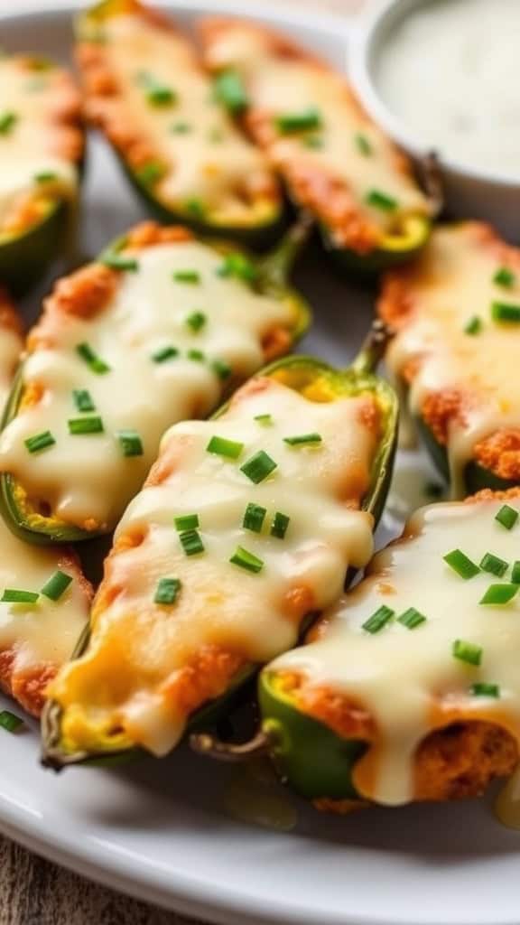 A plate of cheesy jalapeño poppers topped with melted cheese and chives, served with a dipping sauce.