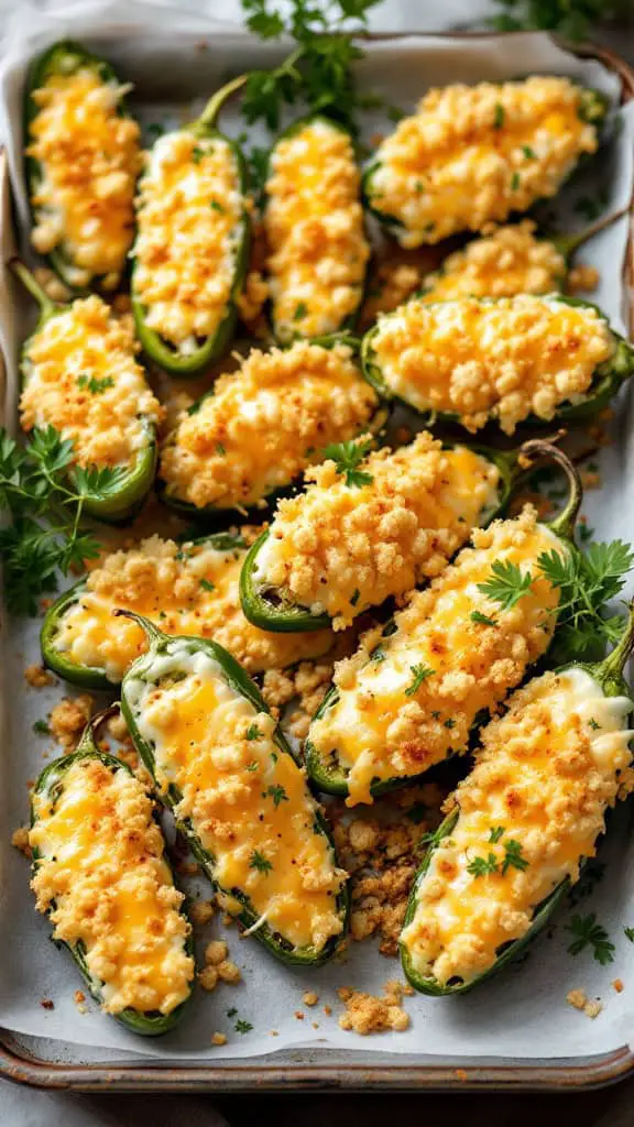 A tray of cheesy jalapeño poppers topped with breadcrumbs and parsley