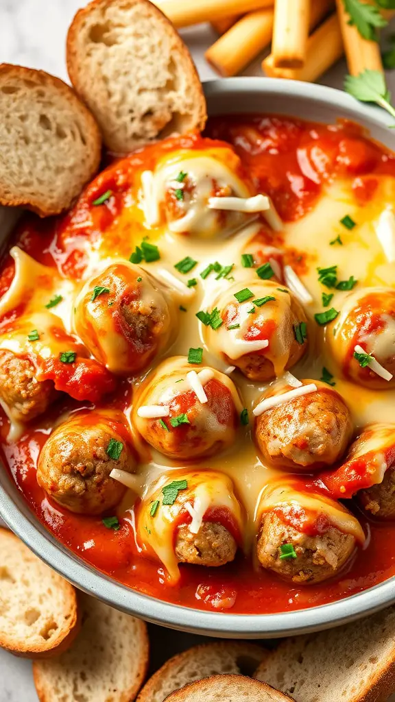 A bowl of cheesy meatball marinara dip with bread slices around it.