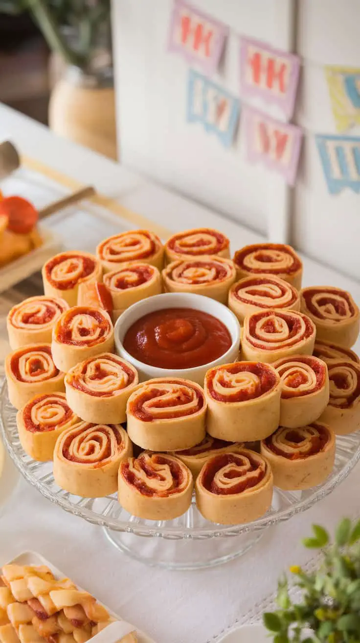 A platter of cheesy pepperoni pizza pinwheels, with a bowl of marinara sauce in the center.