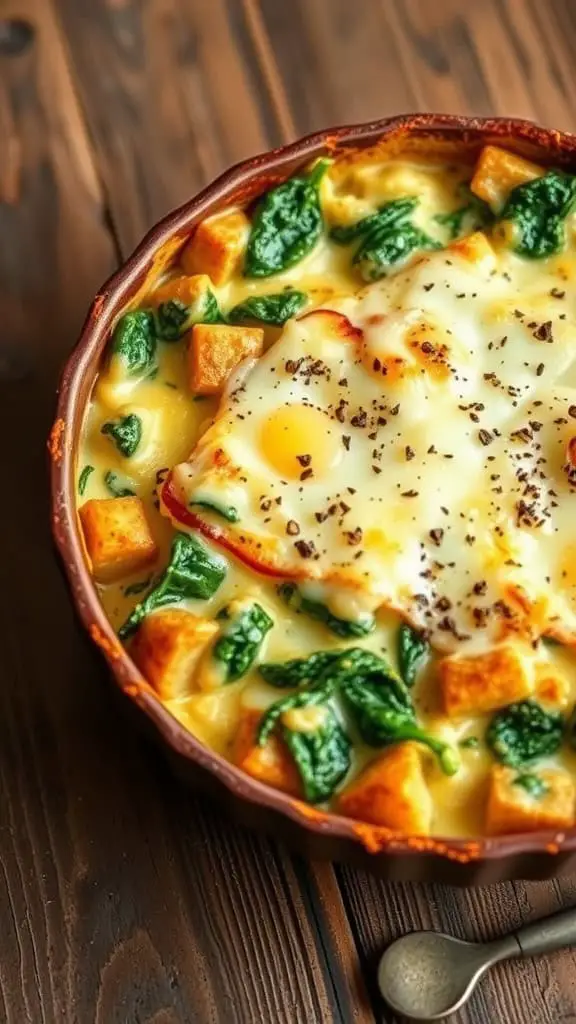 A delicious cheesy potato and spinach egg bake filled with vibrant greens and cubes of potatoes.