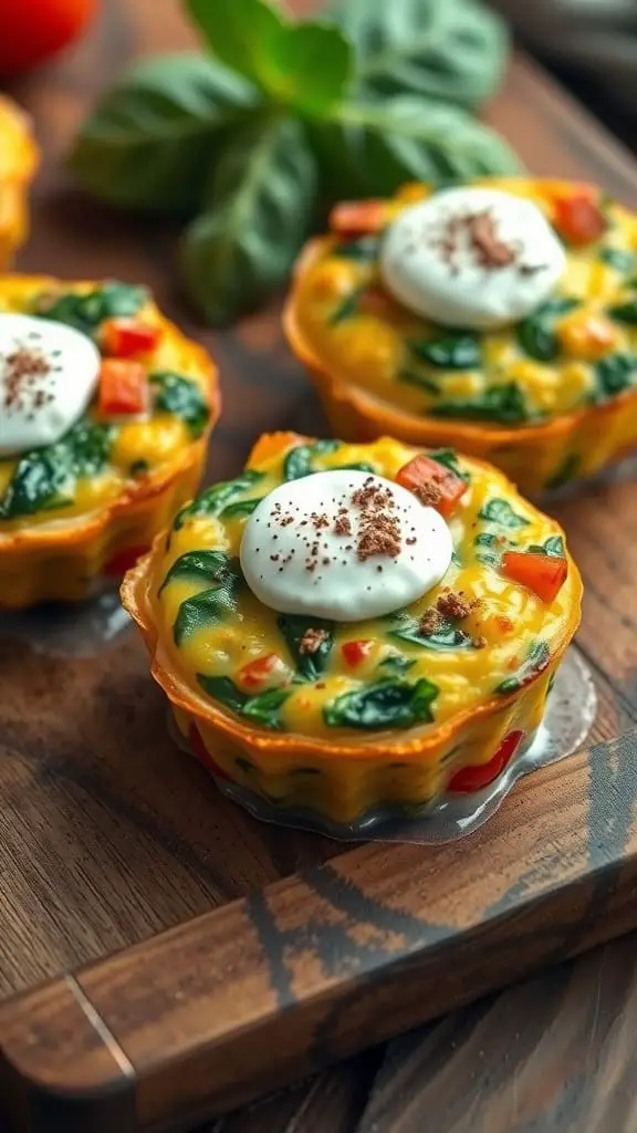 Cheesy Spinach and Bell Pepper Egg Bites with Ricotta Cheese on a wooden tray