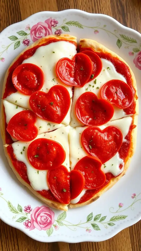 A heart-themed flatbread pizza topped with mozzarella cheese and heart-shaped pepperoni on a floral plate