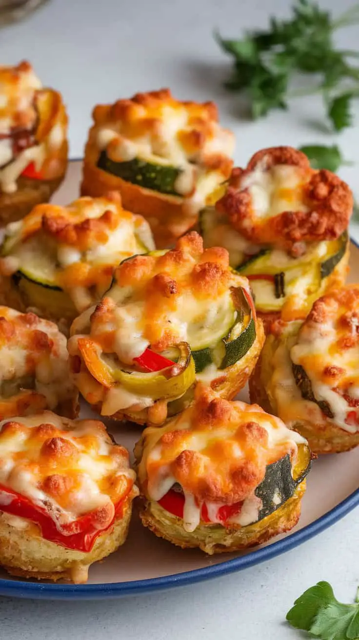 A plate of cheesy veggie dippers featuring zucchini, bell peppers, and melted cheese.