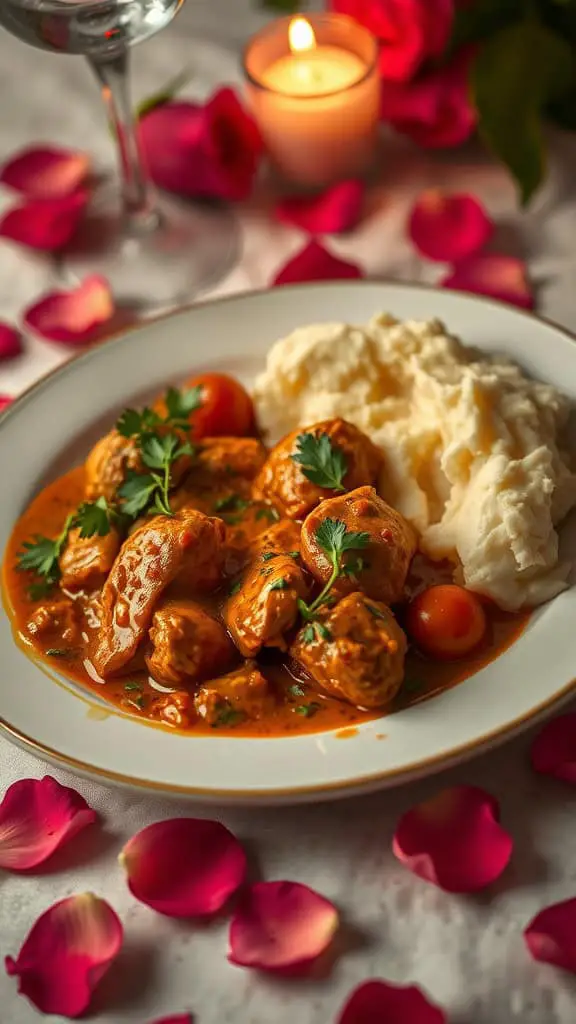 A plate of Chicken Marsala with creamy mashed potatoes, surrounded by rose petals and a candle.