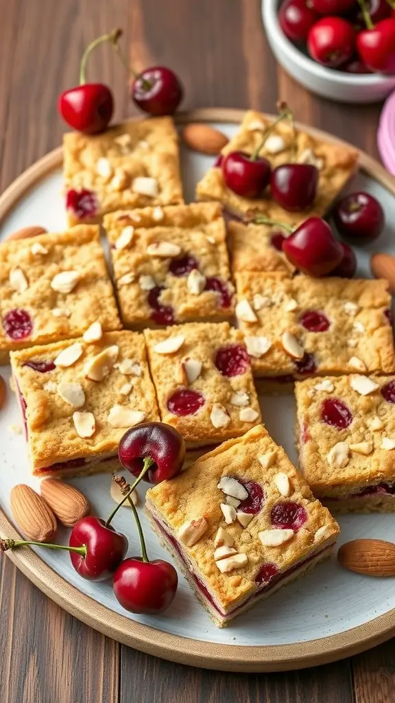 A platter of cherry almond breakfast squares topped with sliced almonds and fresh cherries, with a bowl of cherries in the background.