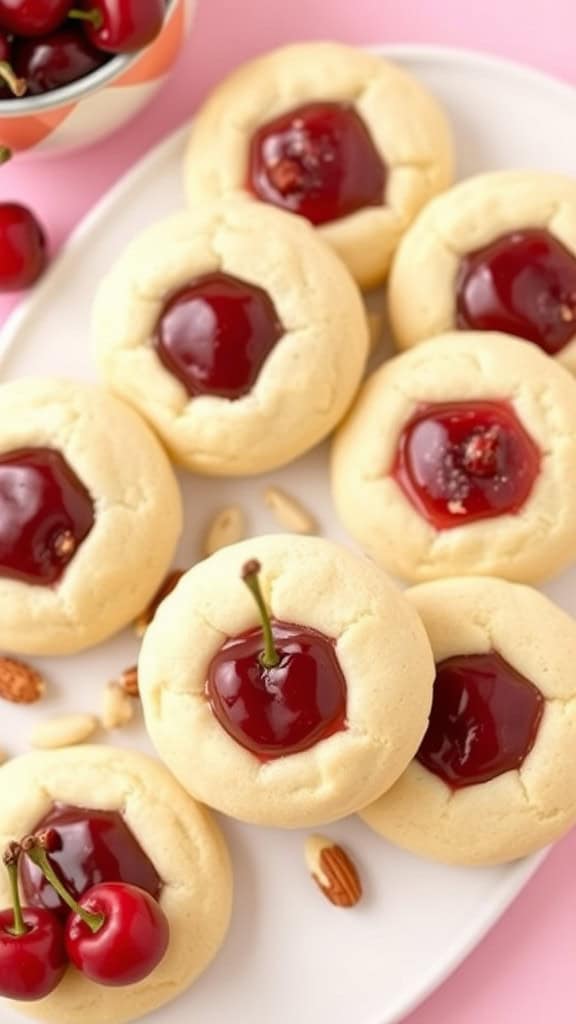 A plate of Cherry Almond Thumbprint Cookies topped with cherry filling.