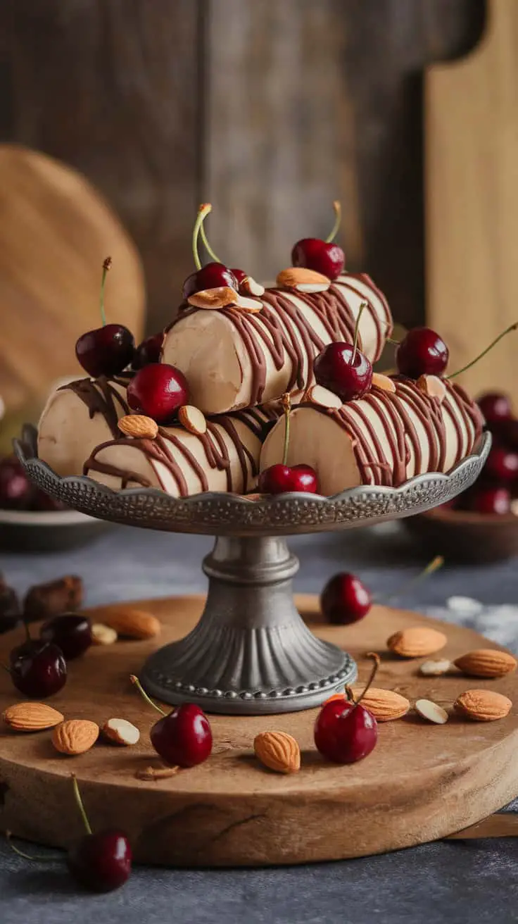 A decorative plate with cherry and almond nougat logs drizzled with chocolate, surrounded by fresh cherries and almonds.