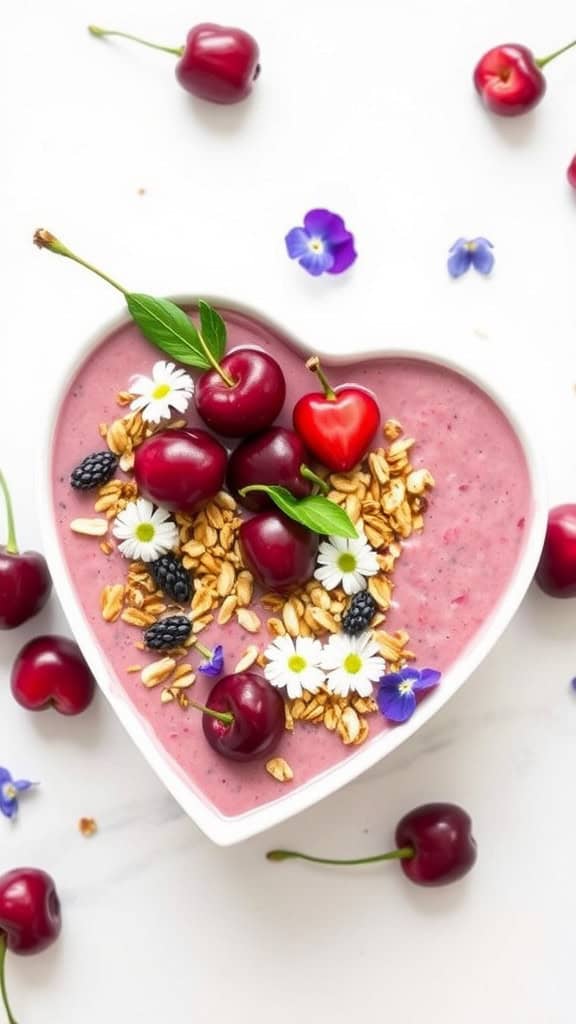 Heart-shaped bowl of cherry smoothie topped with fresh cherries, granola, and edible flowers.