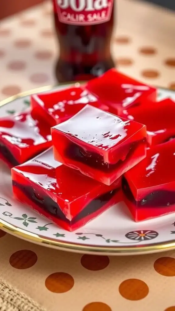 A plate of vibrant Cherry Cola Jello Squares with a cola bottle in the background.