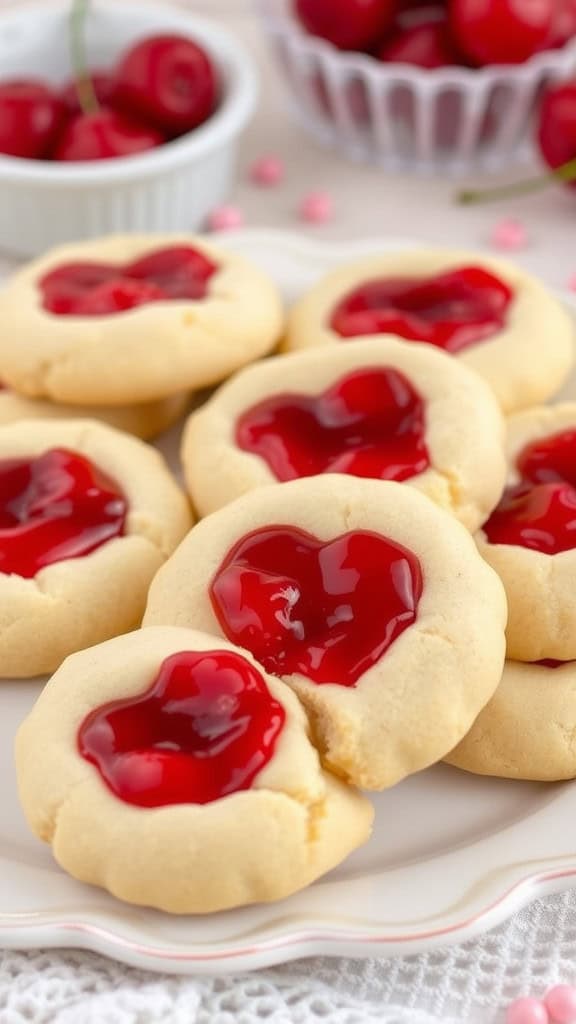 Plate of cherry vanilla thumbprint cookies with heart-shaped cherry jam filling