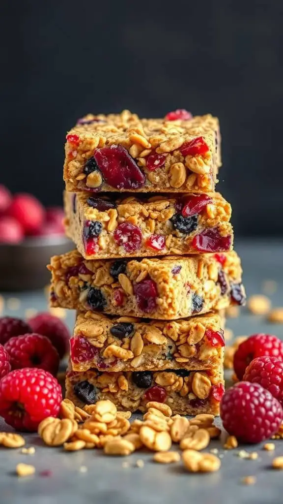 Stacked chewy cranberry granola bars surrounded by fresh raspberries and oats