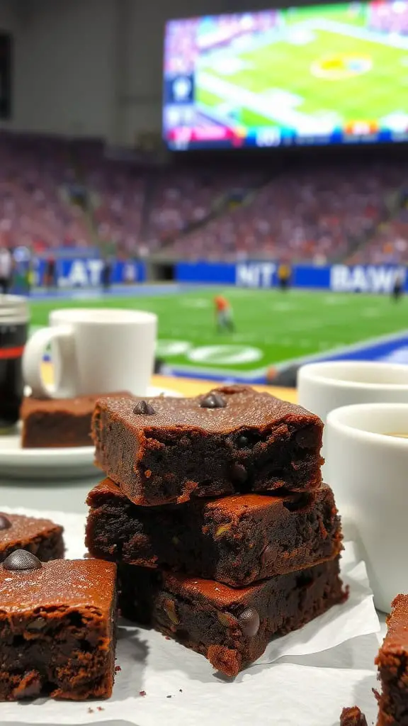 A stack of chewy espresso brownies with football game in the background