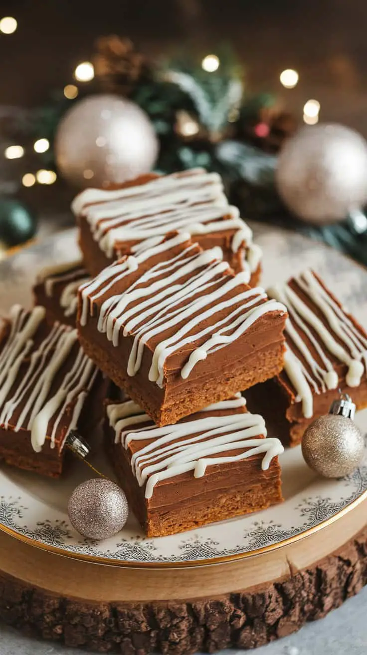 Chewy gingerbread cookie bars with white chocolate drizzle on a decorative plate, surrounded by festive ornaments.