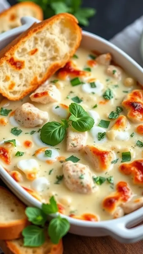 A creamy Chicken Alfredo Pizza Dip in a dish, garnished with herbs and served with crusty bread on the side.