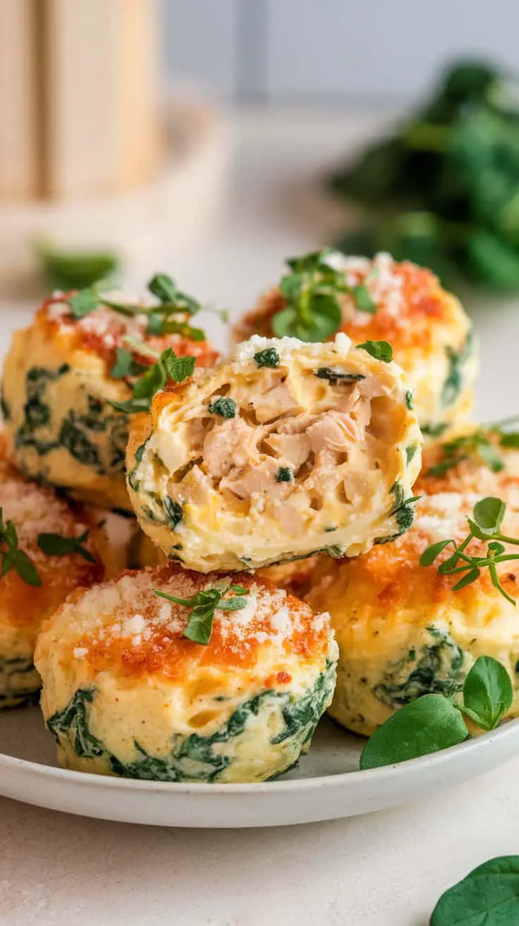 Plate of Chicken and Spinach Alfredo Keto Egg White Bites