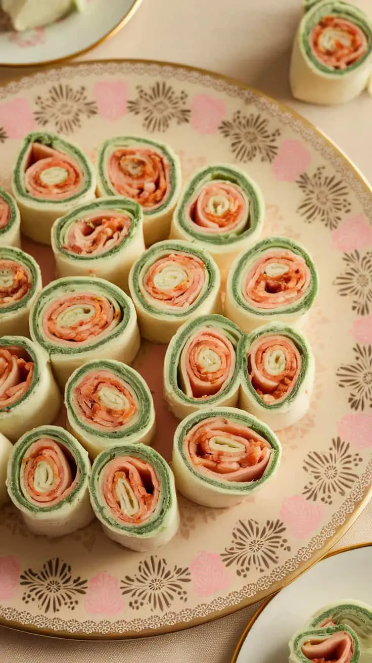 A platter of colorful chicken bacon ranch pinwheel bites arranged neatly.