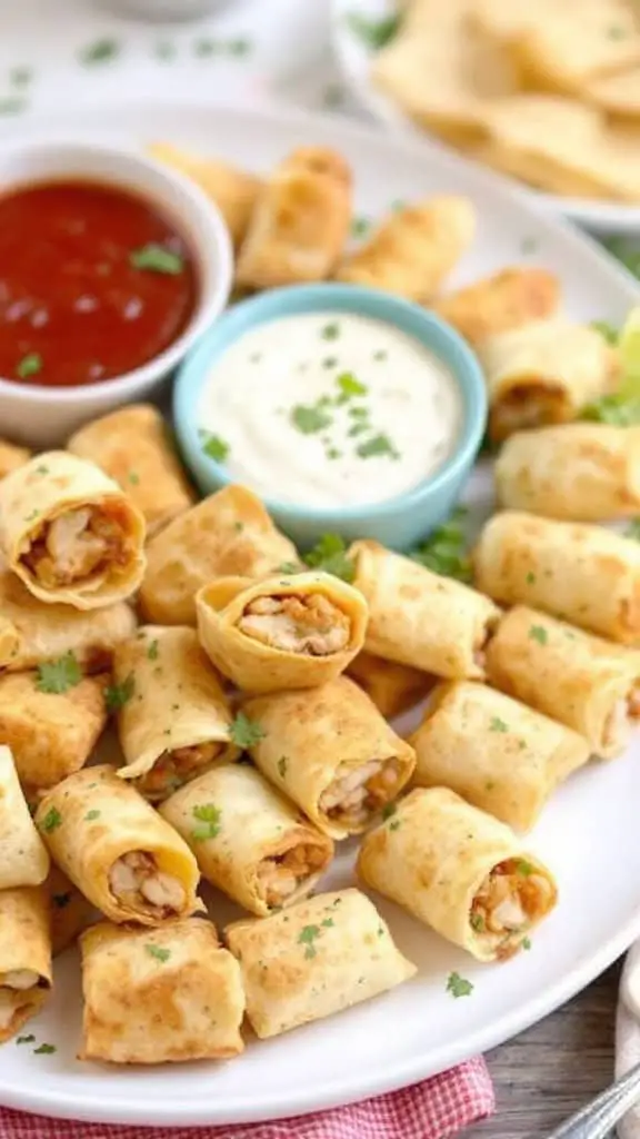 Plate of crispy chicken taquito bites with dipping sauces