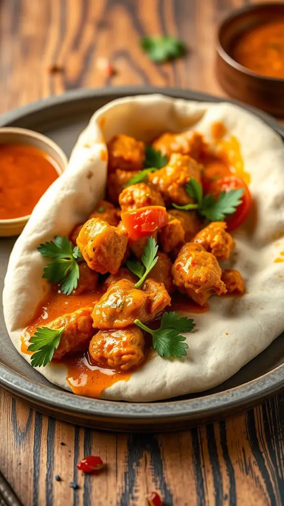 A delicious Chicken Tikka Masala Pita Wrap with spiced chicken, garnished with cilantro and tomatoes on a wooden table.