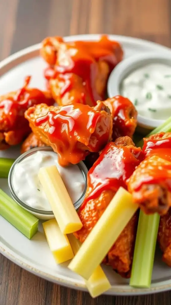 A plate of chicken wings drizzled with sauce, surrounded by celery sticks and dipping sauce.