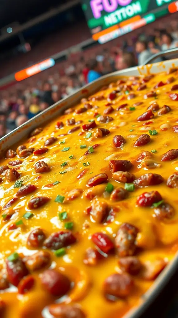 A close-up view of a delicious chili cheese dog casserole topped with cheese and green onions, set against a blurred background of a lively crowd.