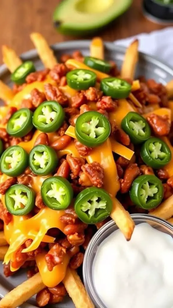 A plate of chili cheese fries topped with jalapeños and served with a side of sour cream.