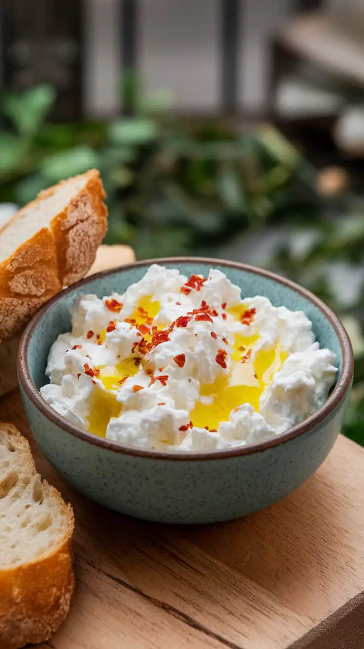 A bowl of creamy cheese drizzled with olive oil and sprinkled with chili flakes, accompanied by slices of fresh bread.