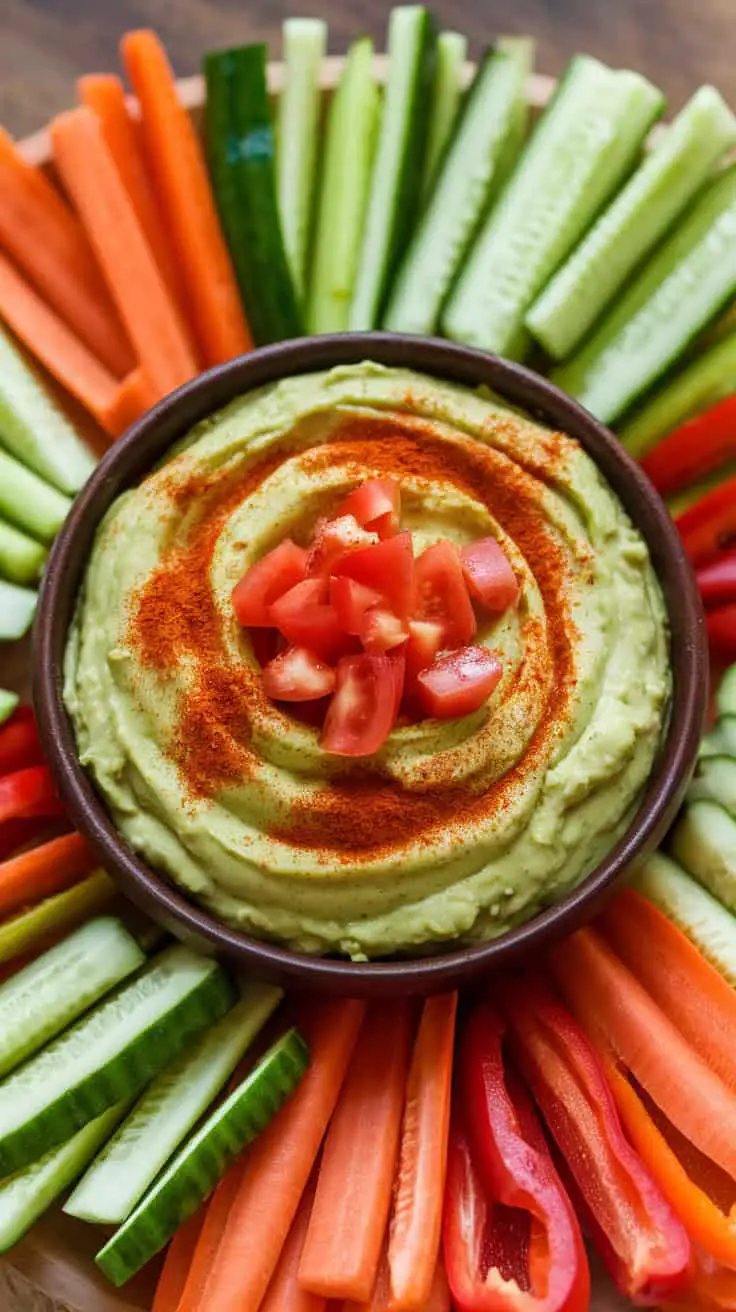 A bowl of chili lime avocado dip surrounded by colorful vegetable sticks including carrots, cucumbers, and bell peppers.