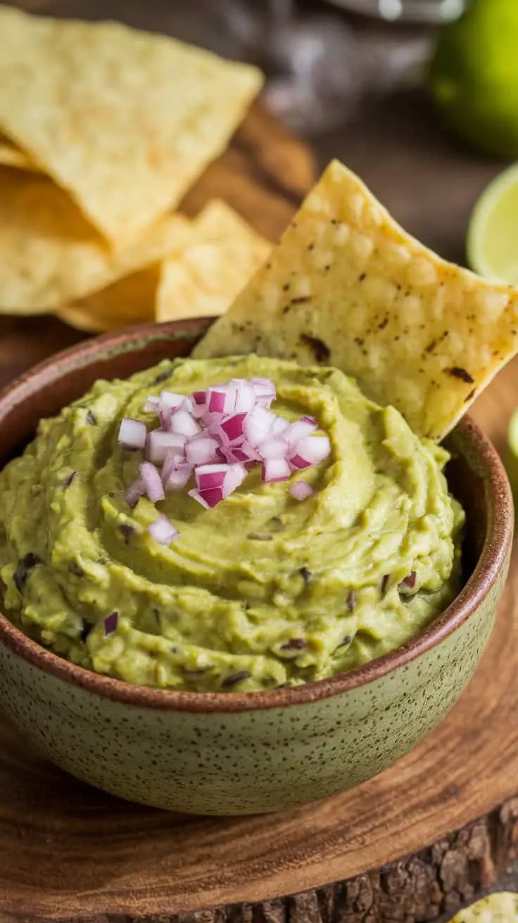 A bowl of Chipotle Lime Guacamole Dip topped with diced red onions, served with tortilla chips.