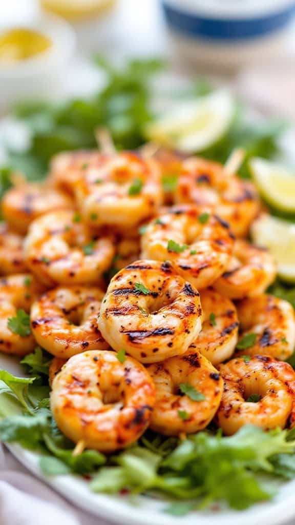 Grilled chipotle shrimp skewers garnished with cilantro and lemon slices on a platter.