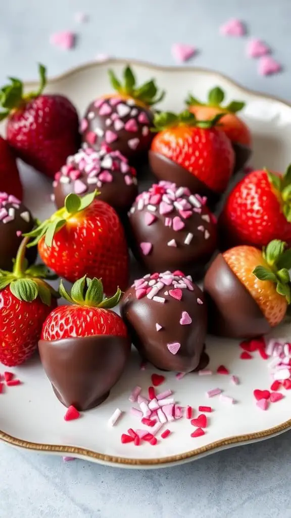 A plate of chocolate-dipped strawberries decorated with sprinkles, perfect for Valentine's Day.